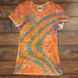 Harley-Davidson Women's Orange and Pink Swirl Tee. Size M.